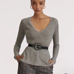 VERONICA BEARD Sweater Esmeralda V-Neck Metallic Ribbed Peplum Pullover Sz XS